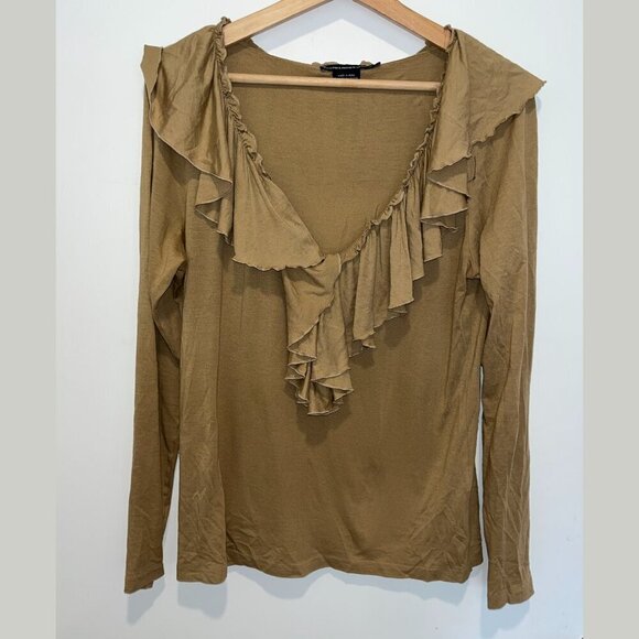 Ralph Lauren Sport Brown Pima Cotton Blend Ruffle Neck Blouse Women’s Size L - Picture 1 of 5